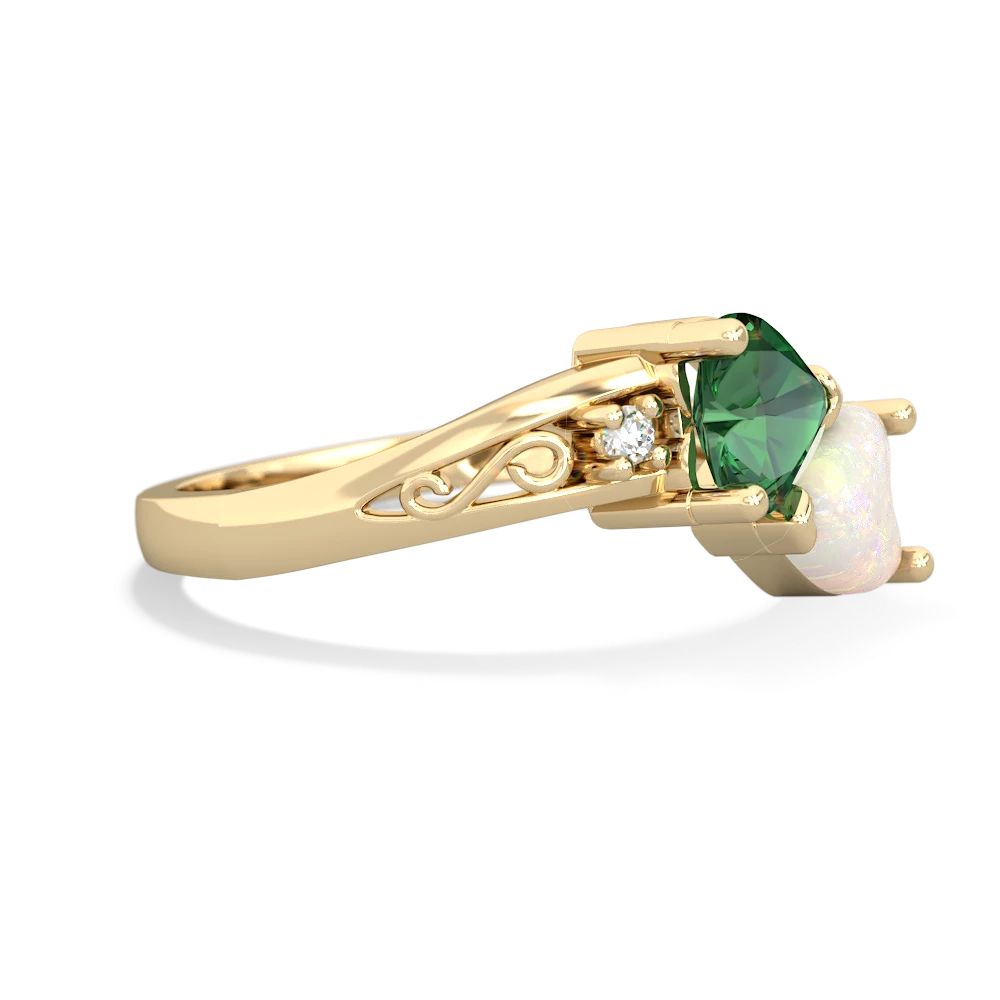 Lab Emerald Snuggling Hearts 14K Yellow Gold ring R2178