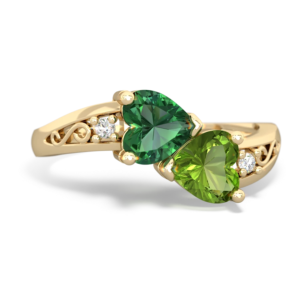 Lab Emerald Snuggling Hearts 14K Yellow Gold ring R2178