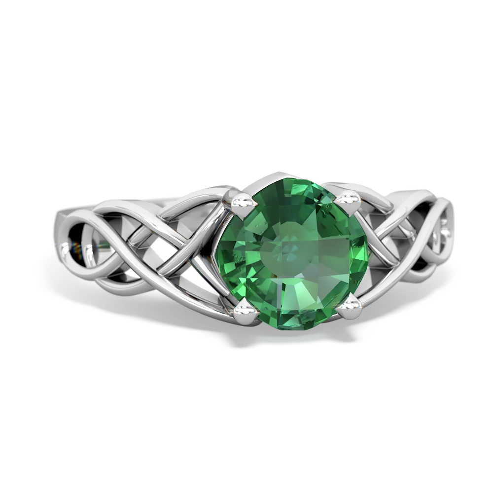 Lab Emerald Checkerboard Cushion Celtic Knot 14K White Gold ring R5000