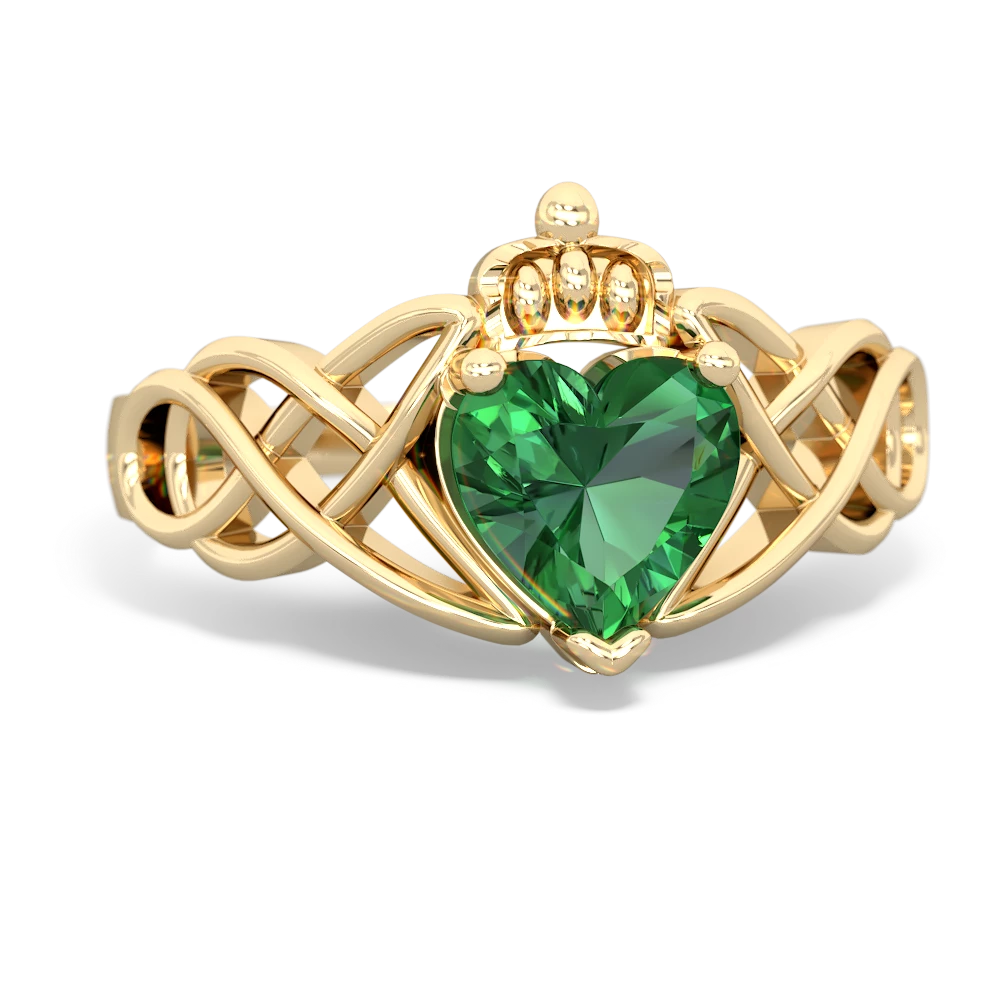 Lab Emerald Claddagh Celtic Knot 14K Yellow Gold ring R2367