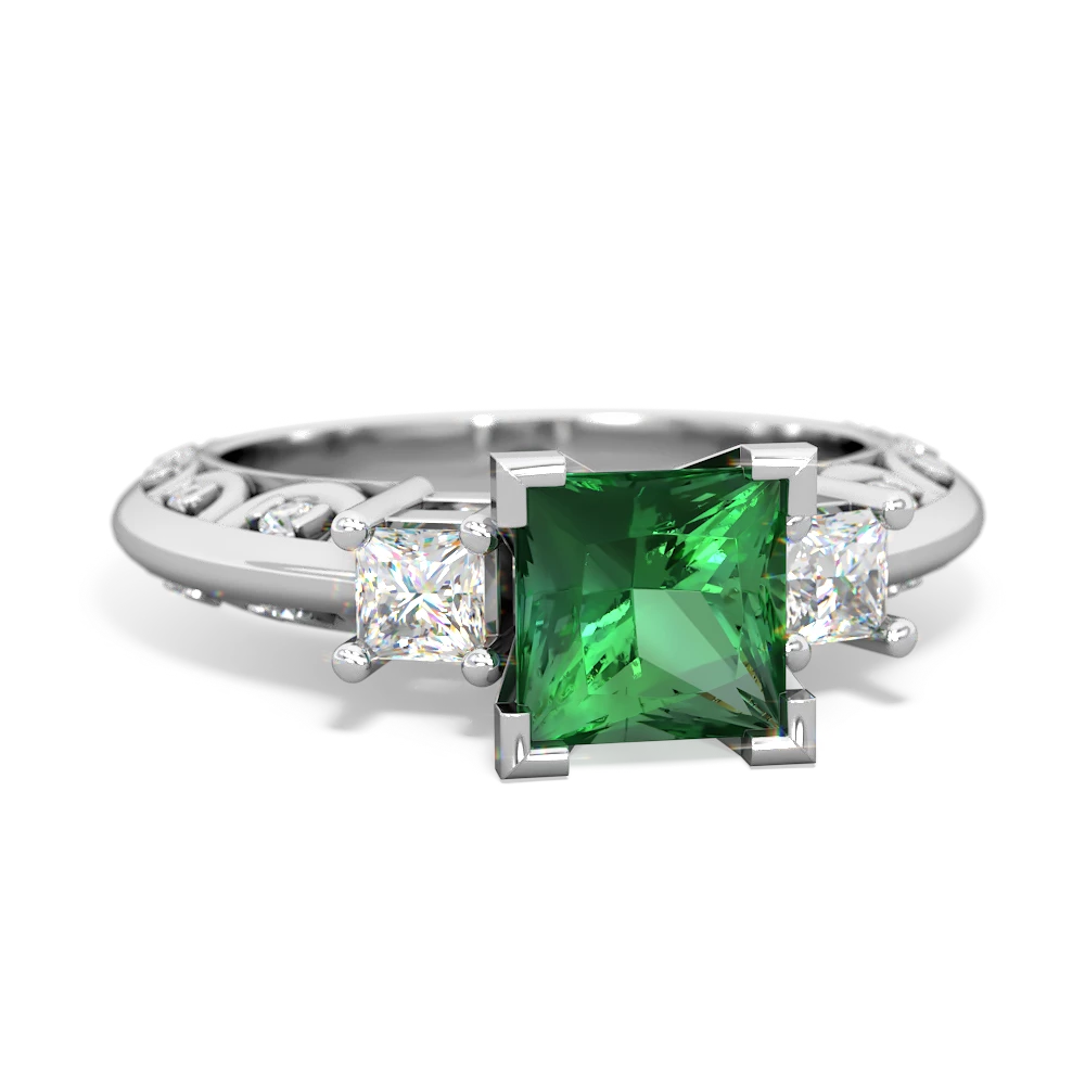 Lab Emerald Art Deco Diamond Engagement 6Mm Princess 14K White Gold ring R2001