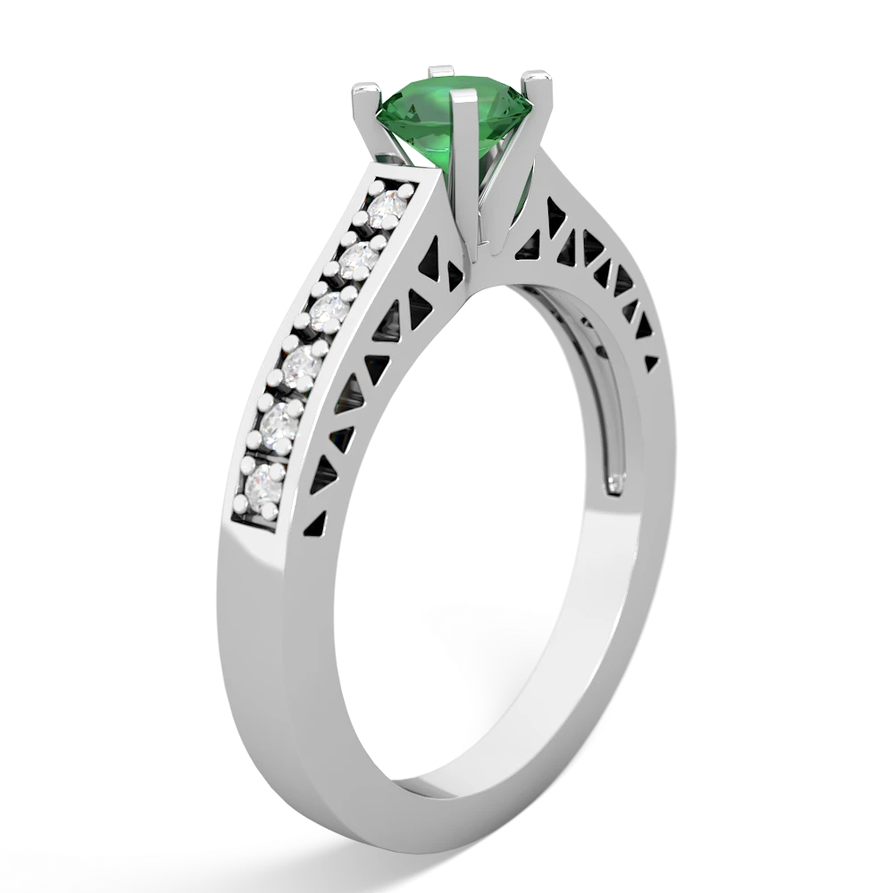 Lab Emerald Art Deco Engagement 5Mm Round 14K White Gold ring R26355RD