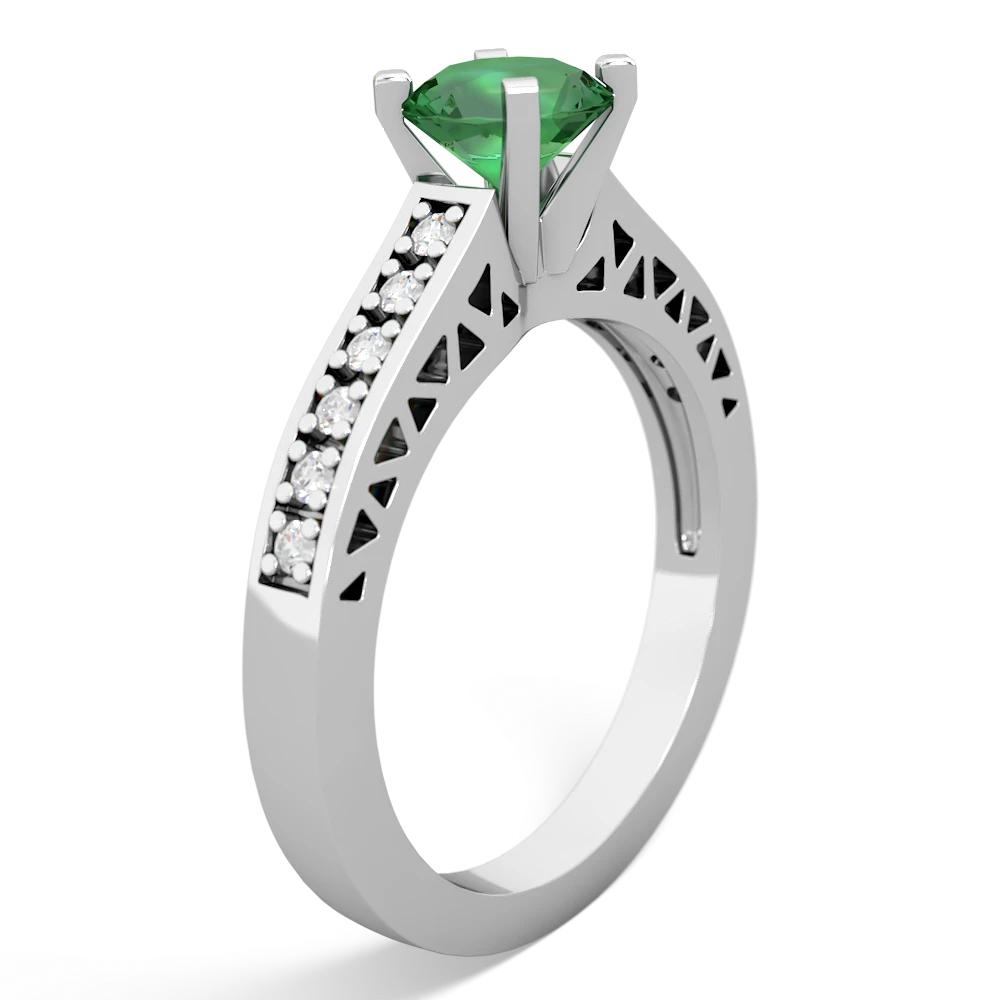Lab Emerald Art Deco Engagement 6Mm Round 14K White Gold ring R26356RD