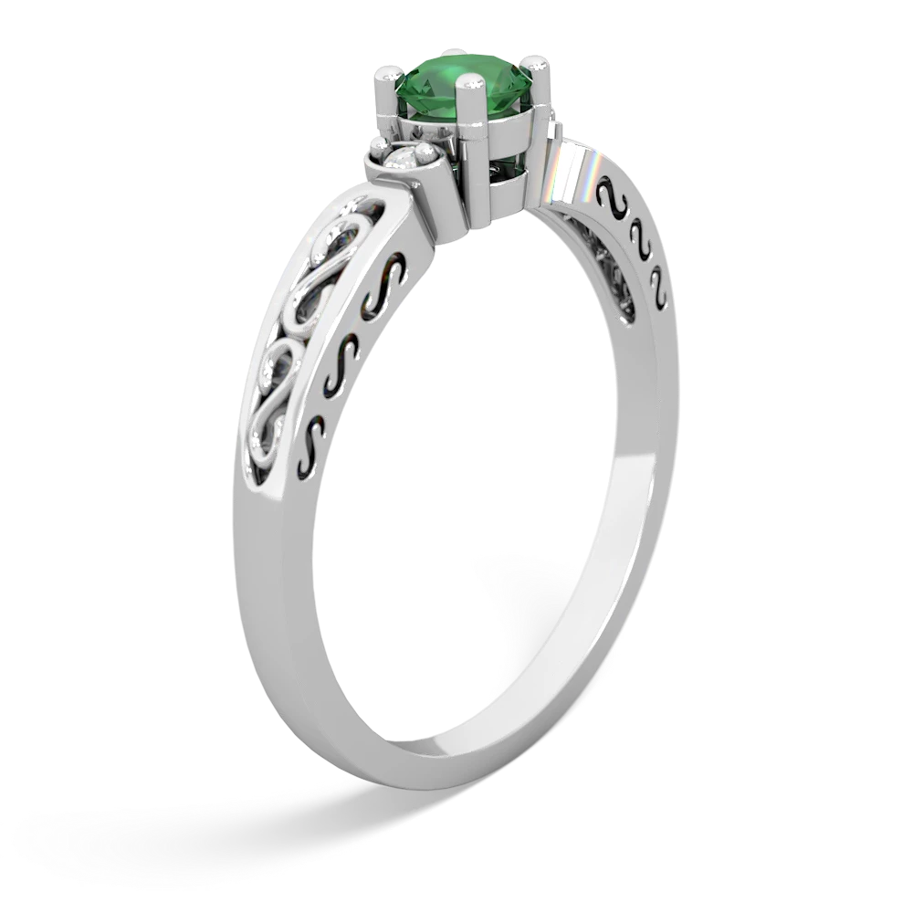 Lab Emerald Filligree Scroll Round 14K White Gold ring R0829
