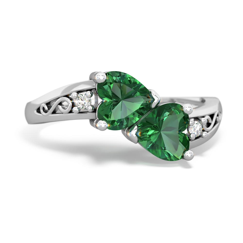 Lab Emerald Snuggling Hearts 14K White Gold ring R2178