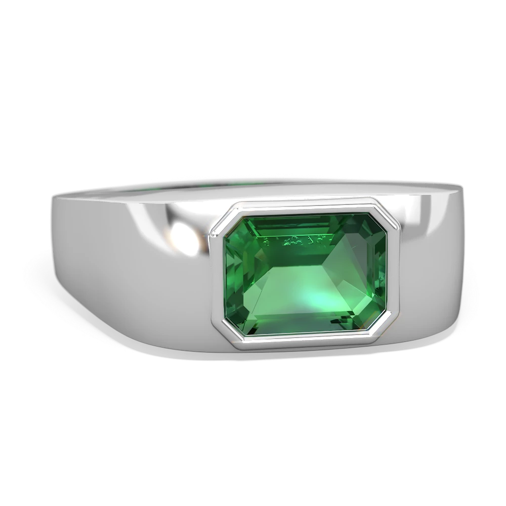 Lab Emerald Men's Emerald-Cut Bezel 14K White Gold ring R0410