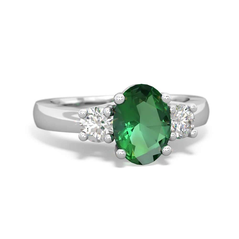 Lab Emerald Diamond Three Stone Oval Trellis 14K White Gold ring R4024