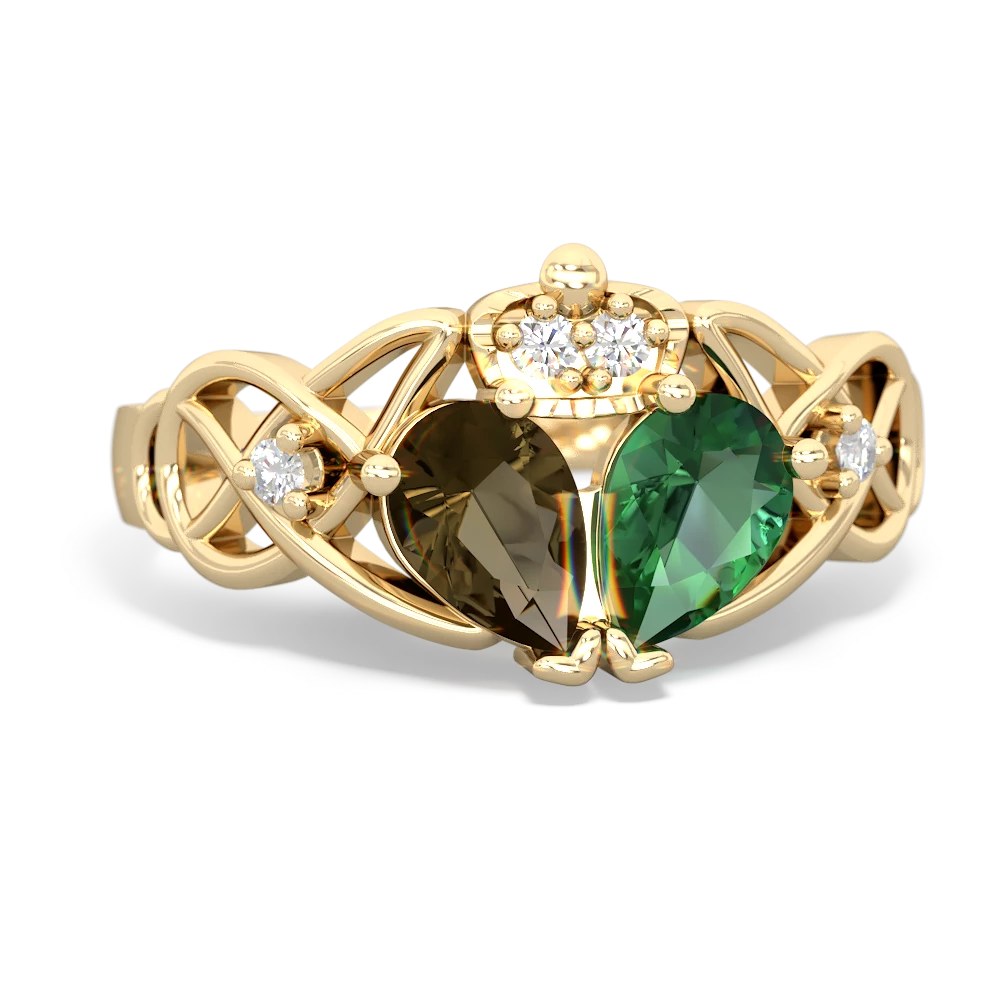 Lab Emerald 'One Heart' Celtic Knot Claddagh 14K Yellow Gold ring R5322