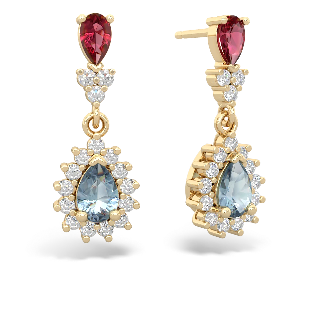 Lab Ruby Halo Pear Dangle 14K Yellow Gold earrings E1882