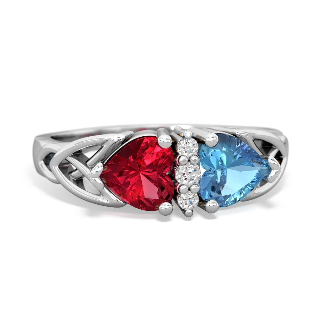 Lab Ruby Celtic Knot Double Heart 14K White Gold ring R5040