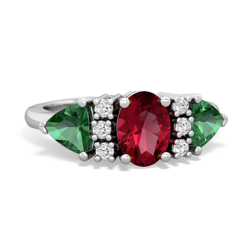 Lab Ruby Antique Style Three Stone 14K White Gold ring R2186