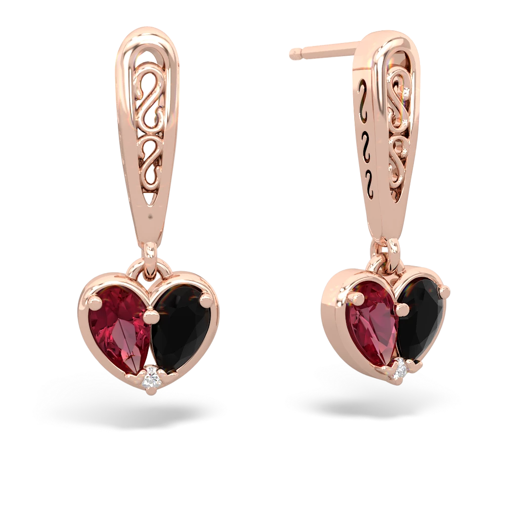 Lab Ruby Filligree Heart 14K Rose Gold earrings E5070