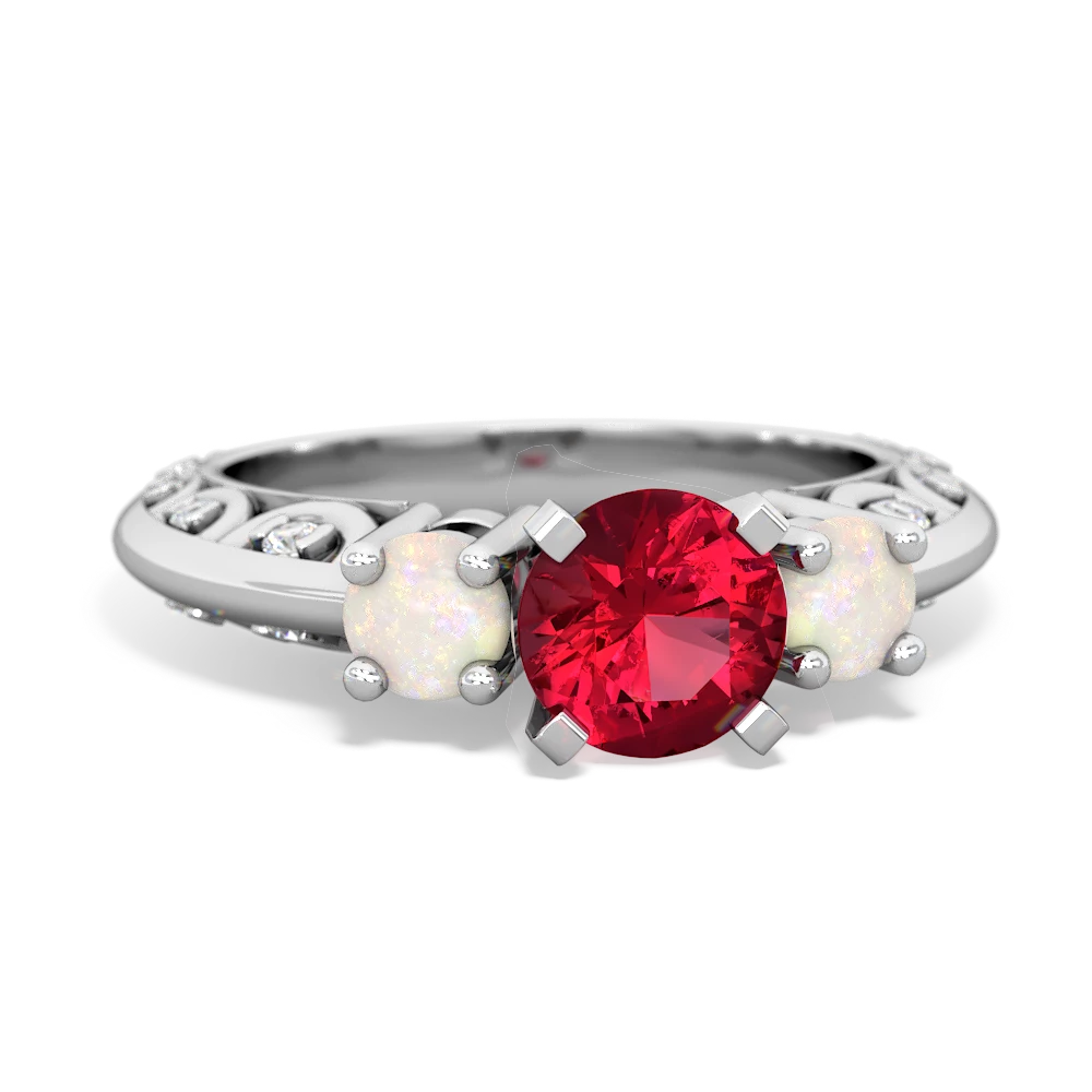 Lab Ruby Art Deco Eternal Embrace Engagement 14K White Gold ring C2003
