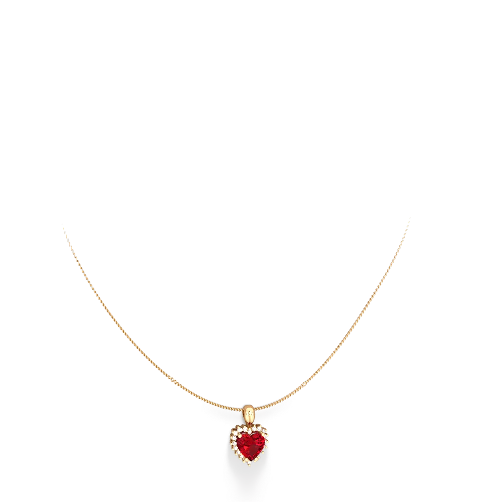 Lab Ruby Sparkling Halo Heart 14K Yellow Gold pendant P0391