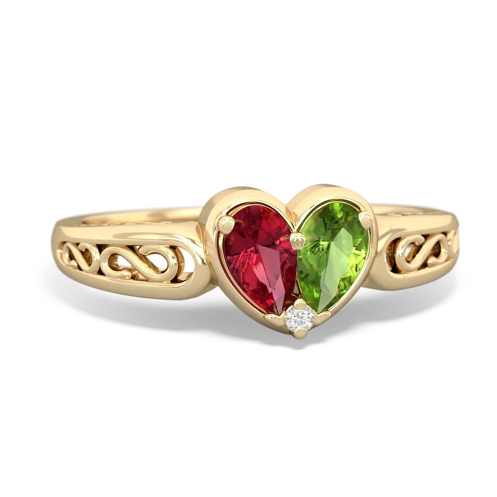 Lab Ruby Filligree 'One Heart' 14K Yellow Gold ring R5070