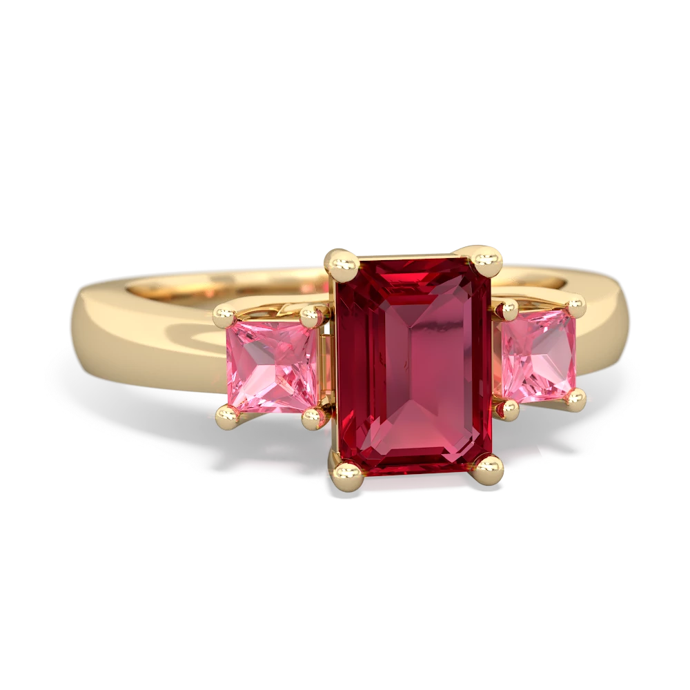Lab Ruby Three Stone Emerald-Cut Trellis 14K Yellow Gold ring R4021