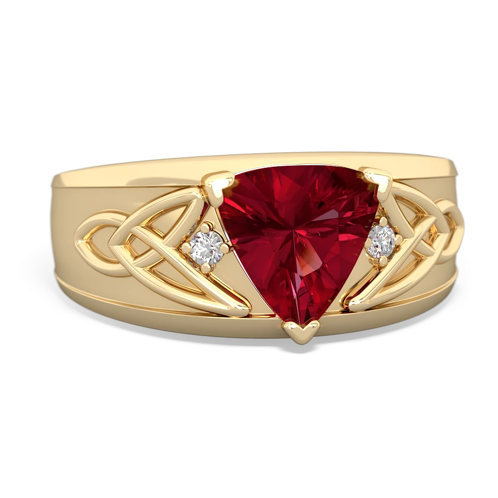 Lab Ruby Celtic Trinity Knot Men's 14K Yellow Gold ring R0440