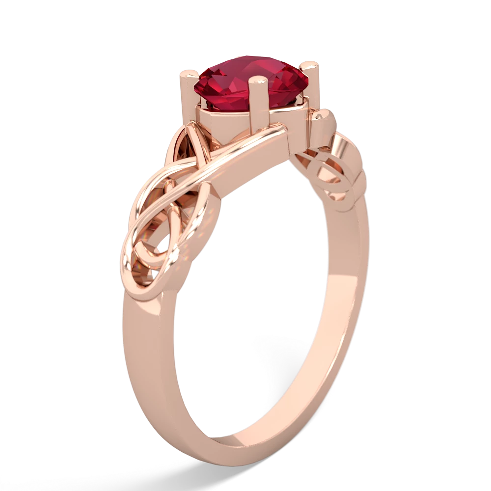 Lab Ruby Checkerboard Cushion Celtic Knot 14K Rose Gold ring R5000