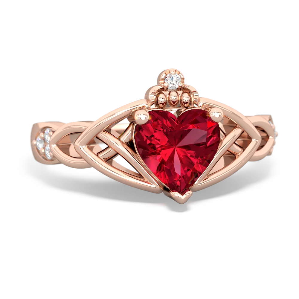 Lab Ruby Claddagh Celtic Knot Diamond 14K Rose Gold ring R5001