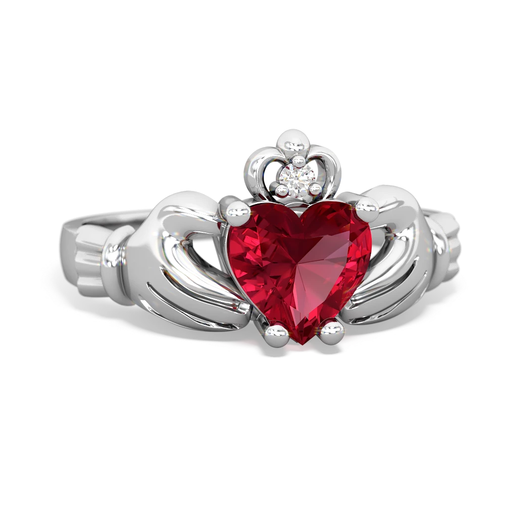 Lab Ruby Claddagh Diamond Crown 14K White Gold ring R2372