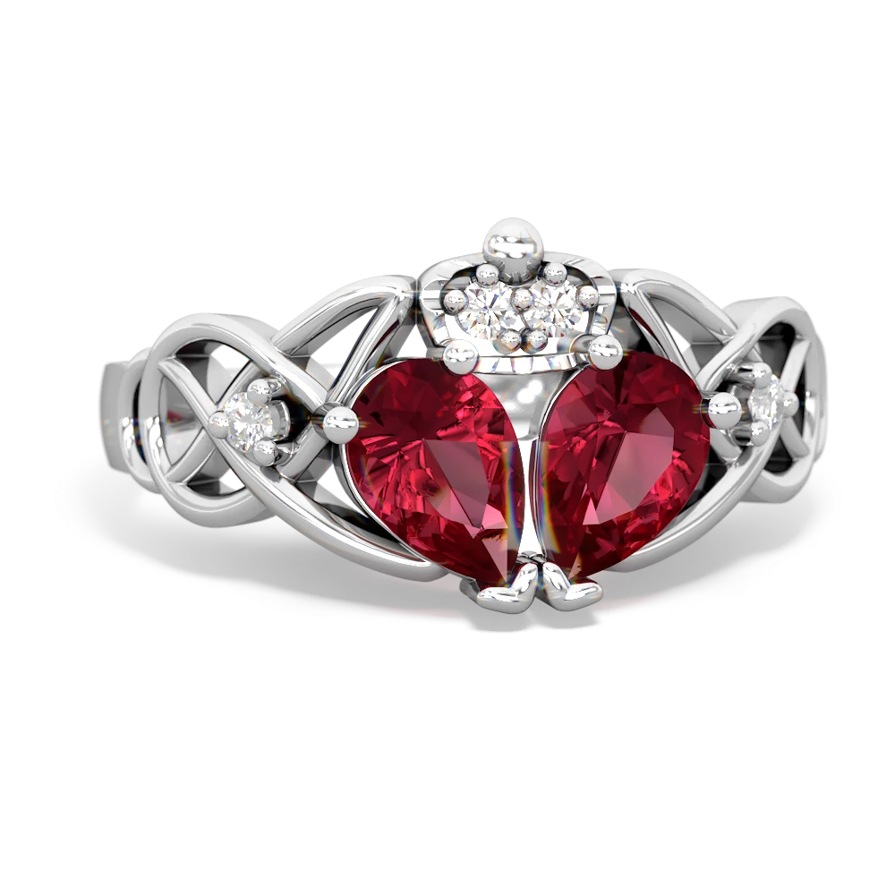 Lab Ruby 'One Heart' Celtic Knot Claddagh 14K White Gold ring R5322