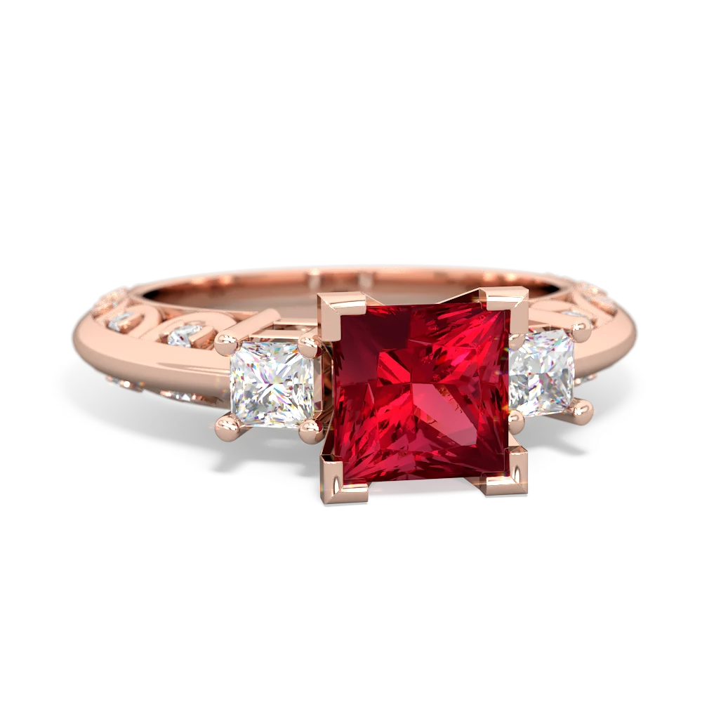 Lab Ruby Art Deco Diamond Engagement 6Mm Princess 14K Rose Gold ring R2001