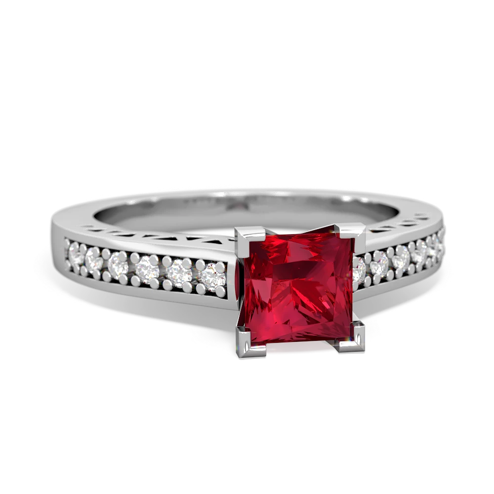 Lab Ruby Art Deco Engagement 5Mm Square 14K White Gold ring R26355SQ