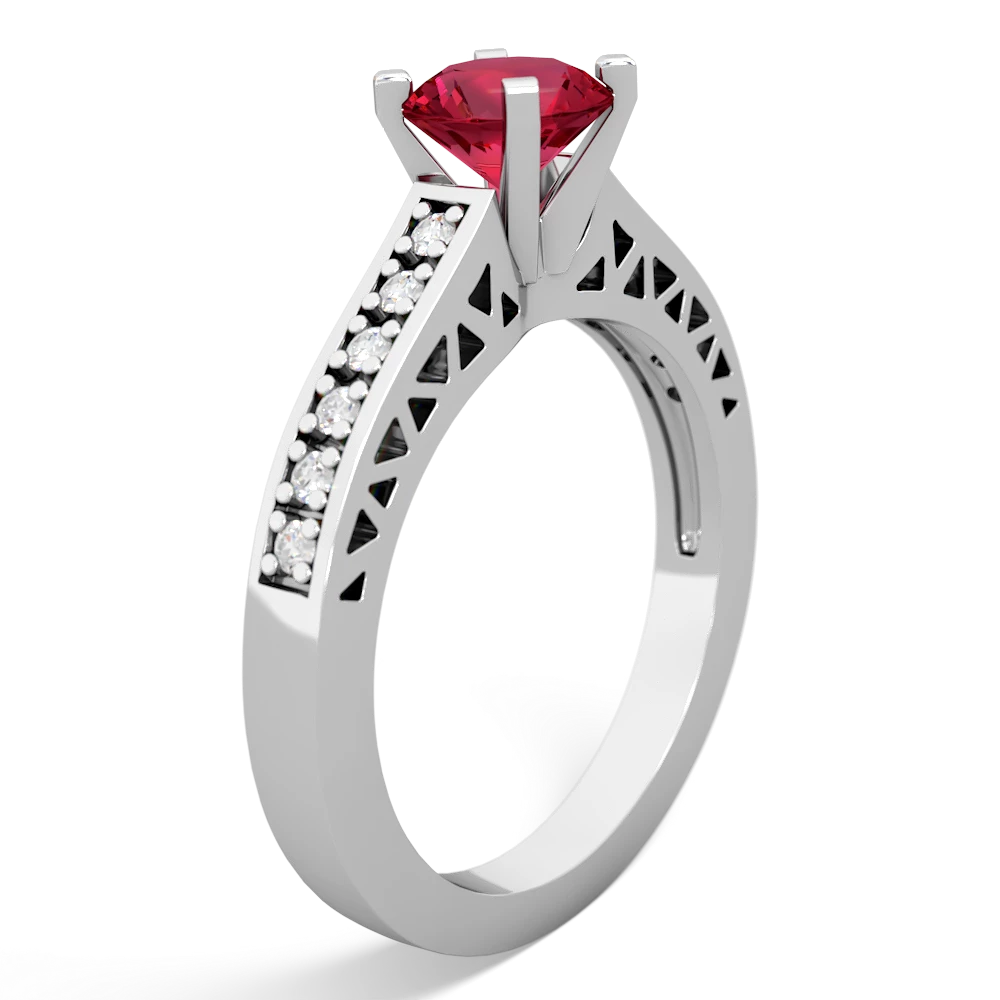 Lab Ruby Art Deco Engagement 6Mm Round 14K White Gold ring R26356RD