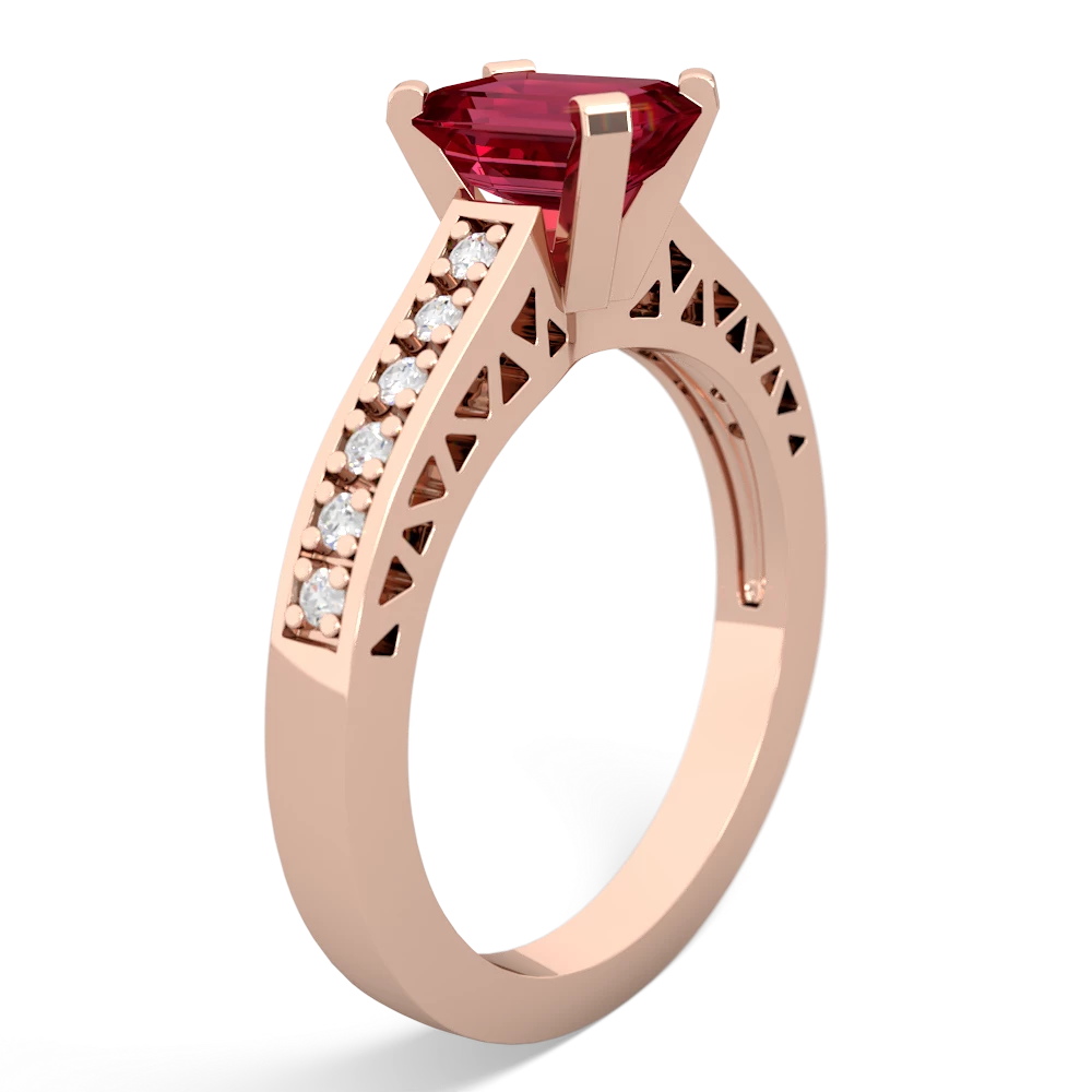 Lab Ruby Art Deco Engagement 7X5mm Emerald-Cut 14K Rose Gold ring R26357EM