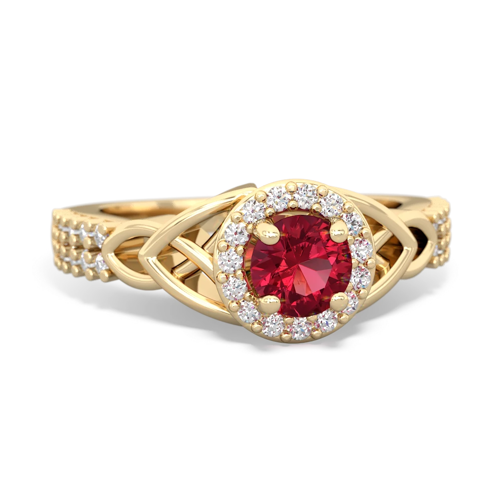 Lab Ruby Celtic Knot Halo 14K Yellow Gold ring R26445RH
