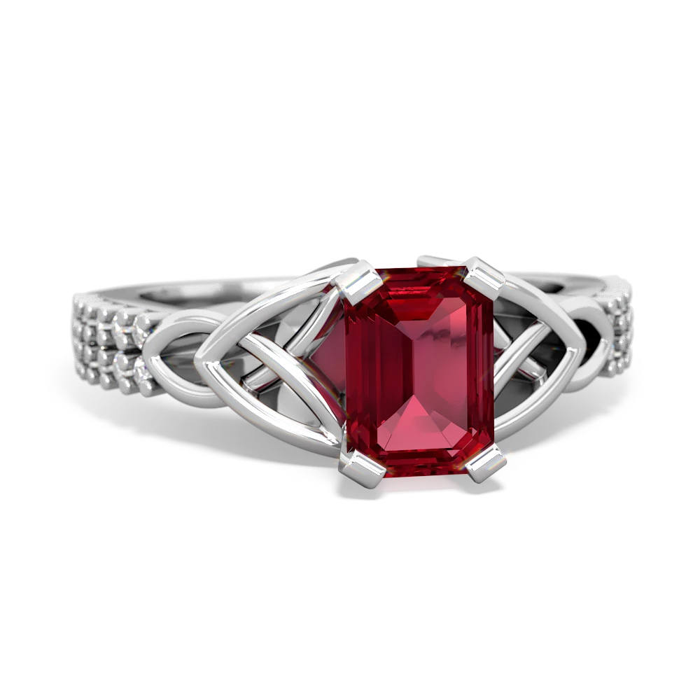Lab Ruby Celtic Knot 7X5 Emerald-Cut Engagement 14K White Gold ring R26447EM