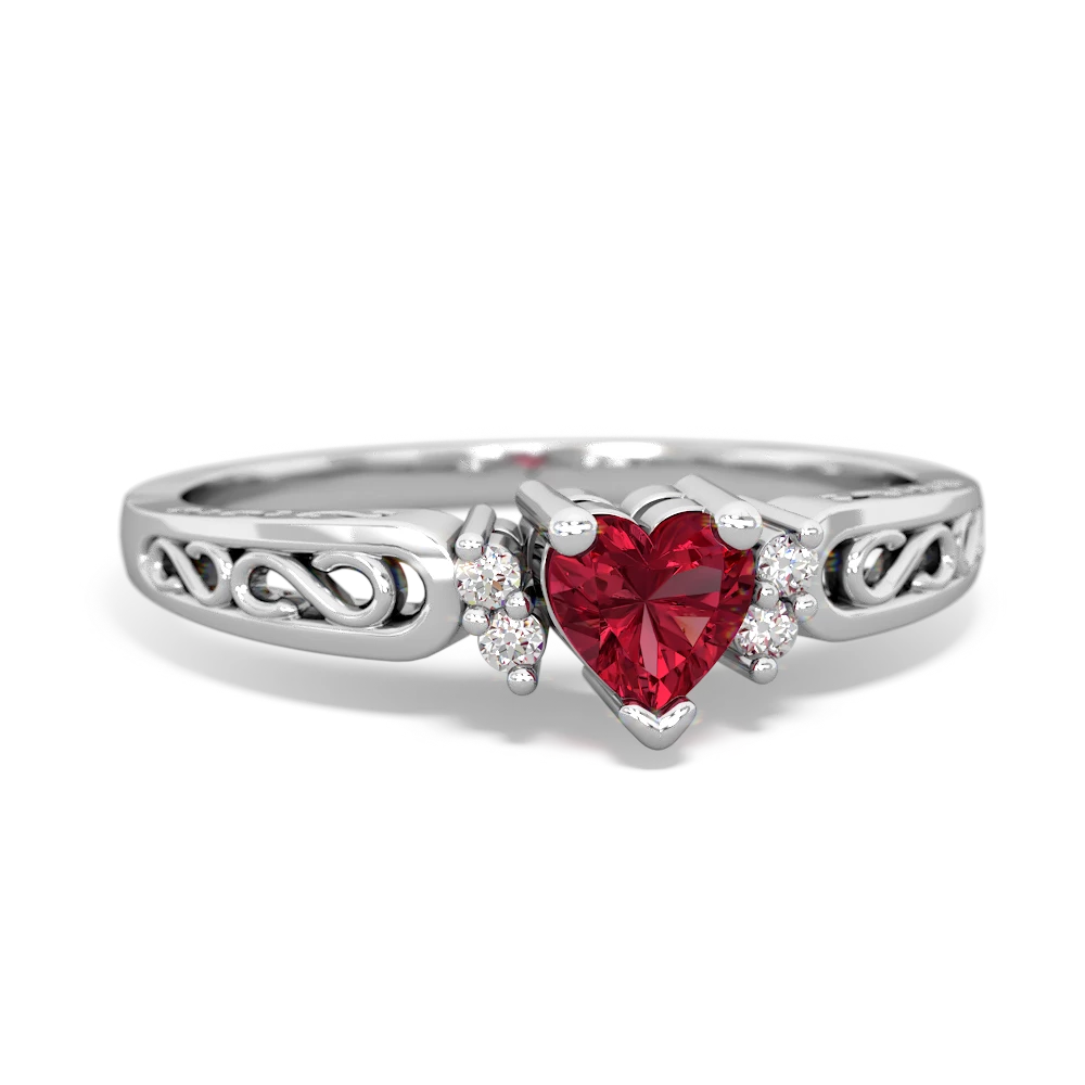 Lab Ruby Filligree Scroll Heart 14K White Gold ring R2429