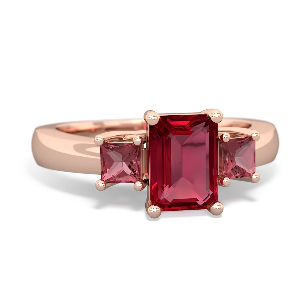 Lab Ruby Three Stone Emerald-Cut Trellis 14K Rose Gold ring R4021