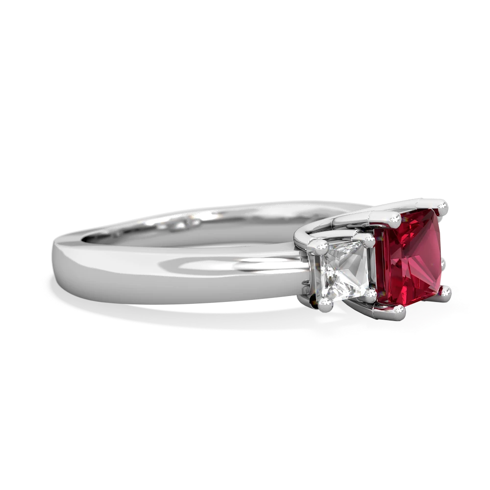 Lab Ruby Three Stone Trellis 14K White Gold ring R4015