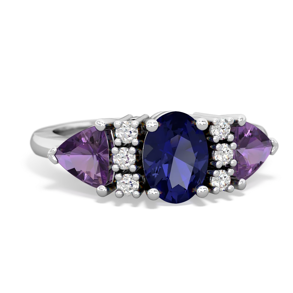 Lab Sapphire Antique Style Three Stone 14K White Gold ring R2186