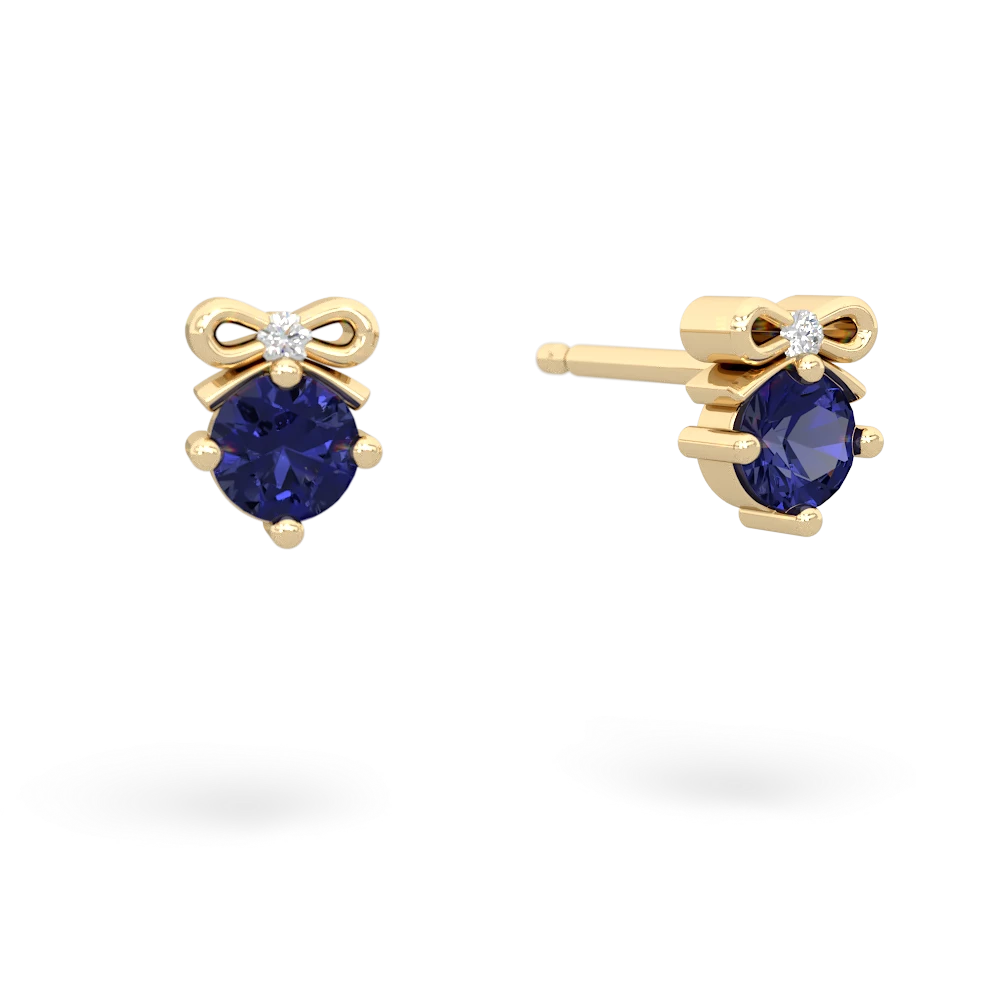 Lab Sapphire Diamond Bows 14K Yellow Gold earrings E7002