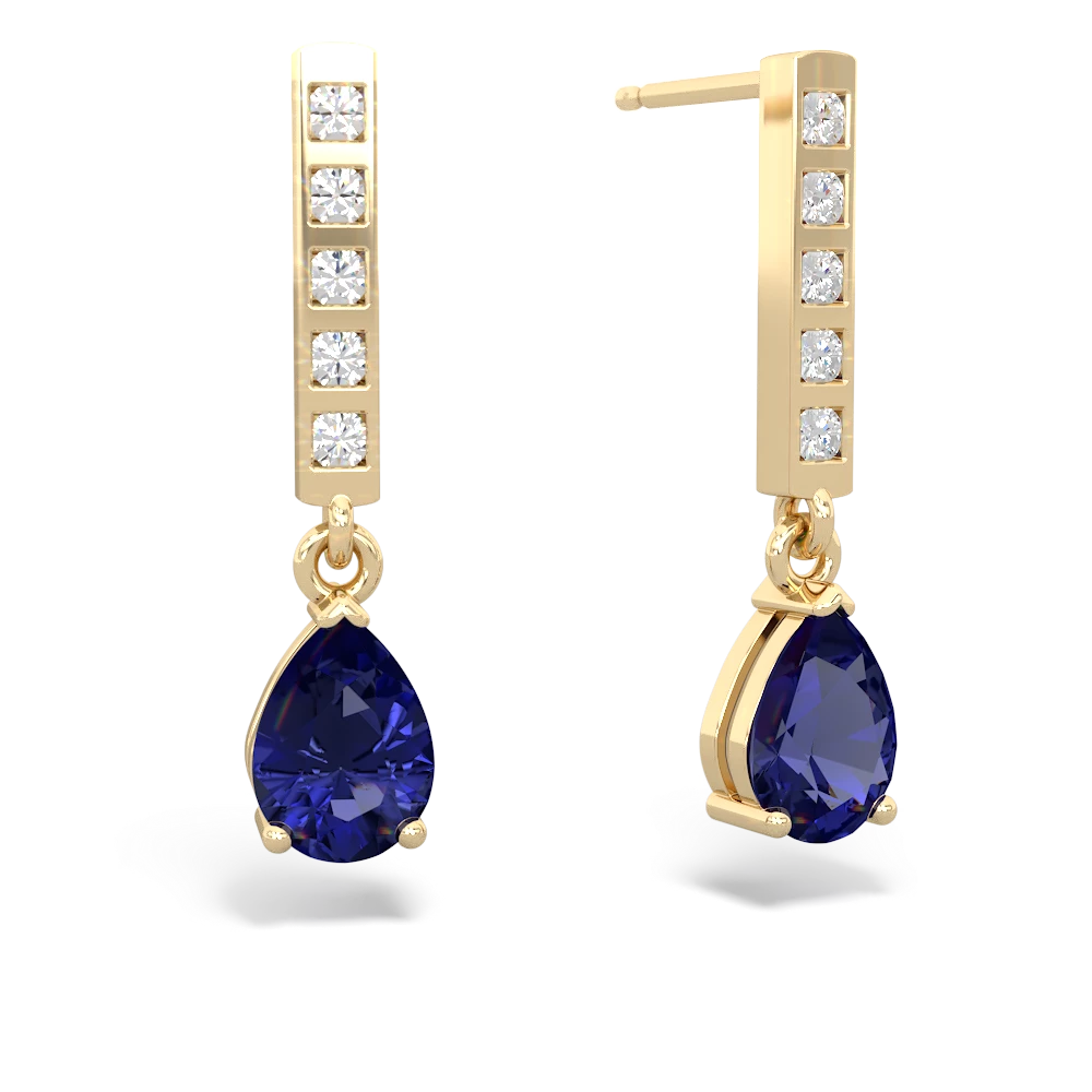 Lab Sapphire Art Deco Diamond Drop 14K Yellow Gold earrings E5324
