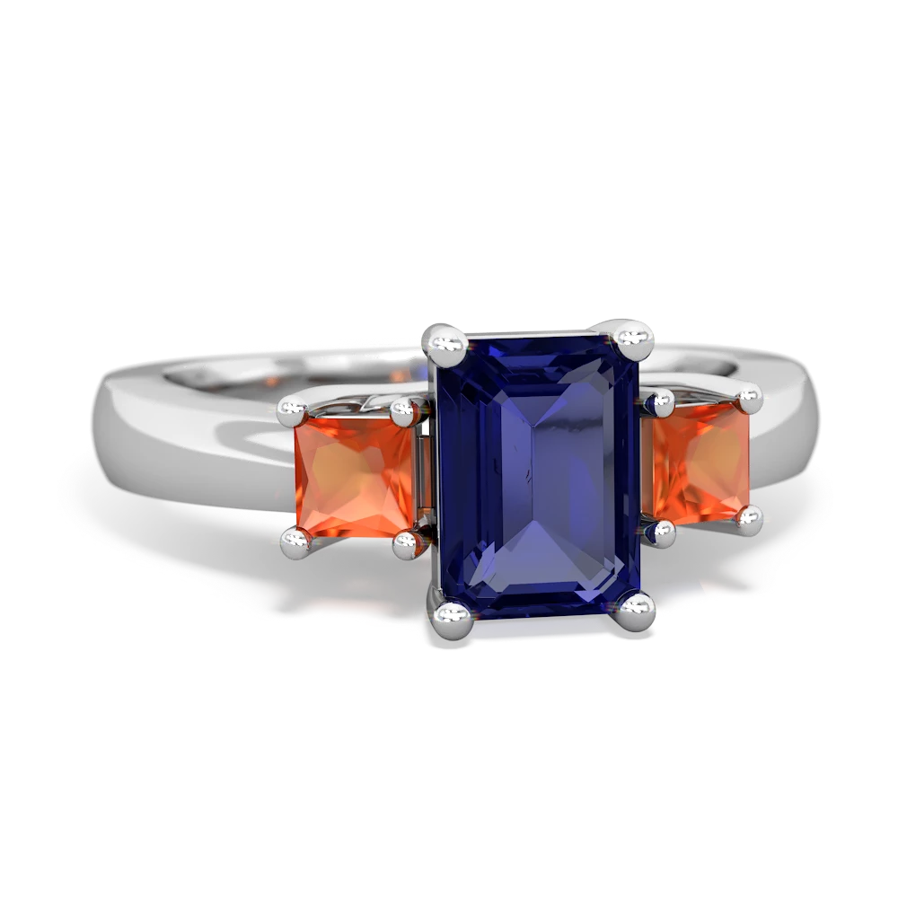 Lab Sapphire Three Stone Emerald-Cut Trellis 14K White Gold ring R4021