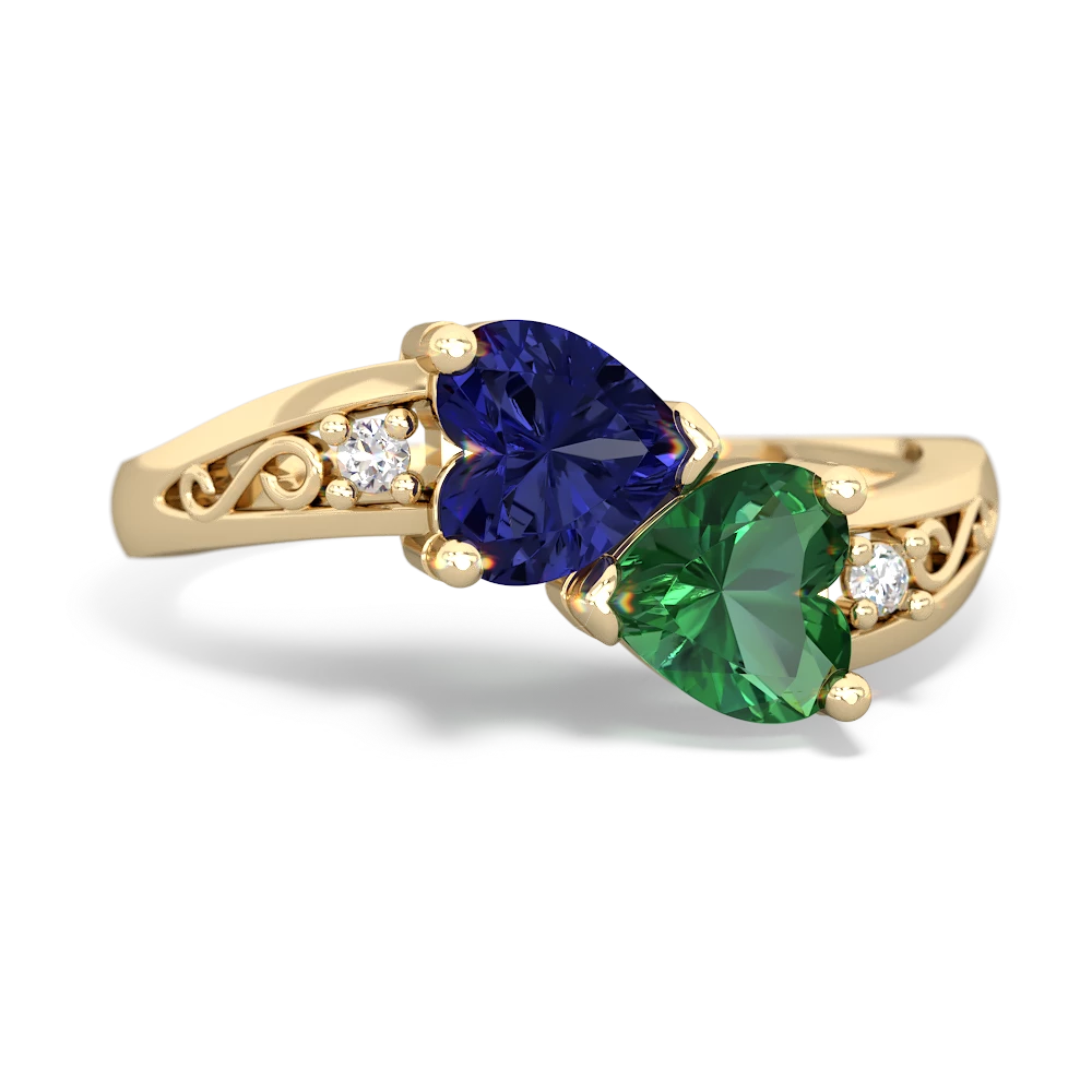 Lab Sapphire Snuggling Hearts 14K Yellow Gold ring R2178