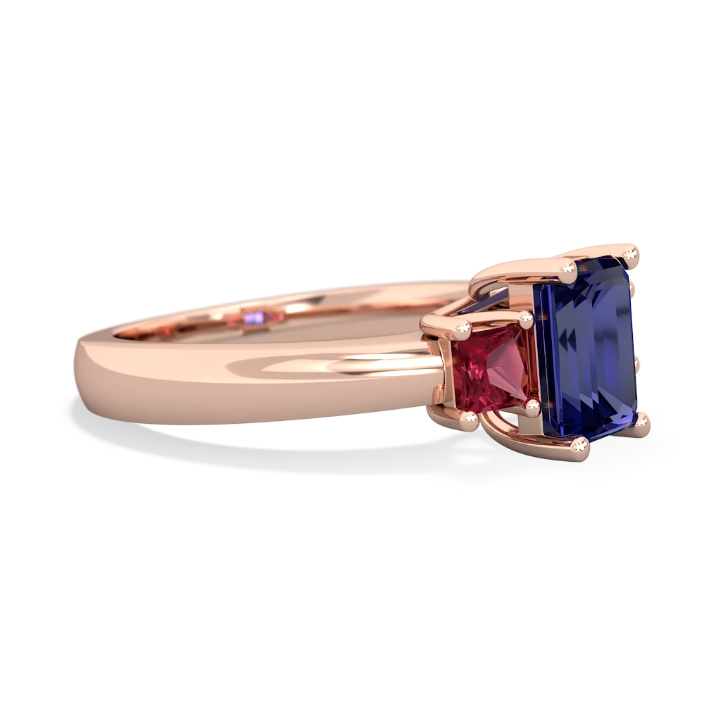 Lab Sapphire Three Stone Emerald-Cut Trellis 14K Rose Gold ring R4021