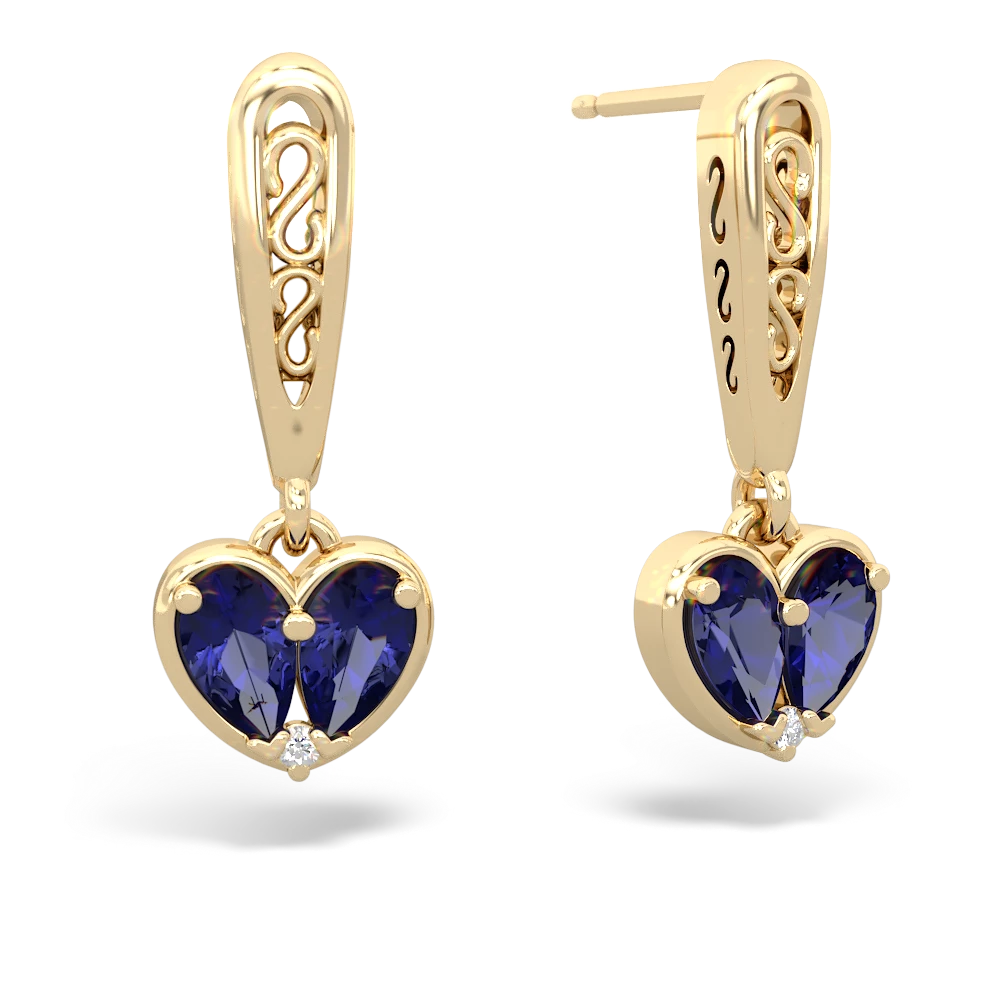 Lab Sapphire Filligree Heart 14K Yellow Gold earrings E5070