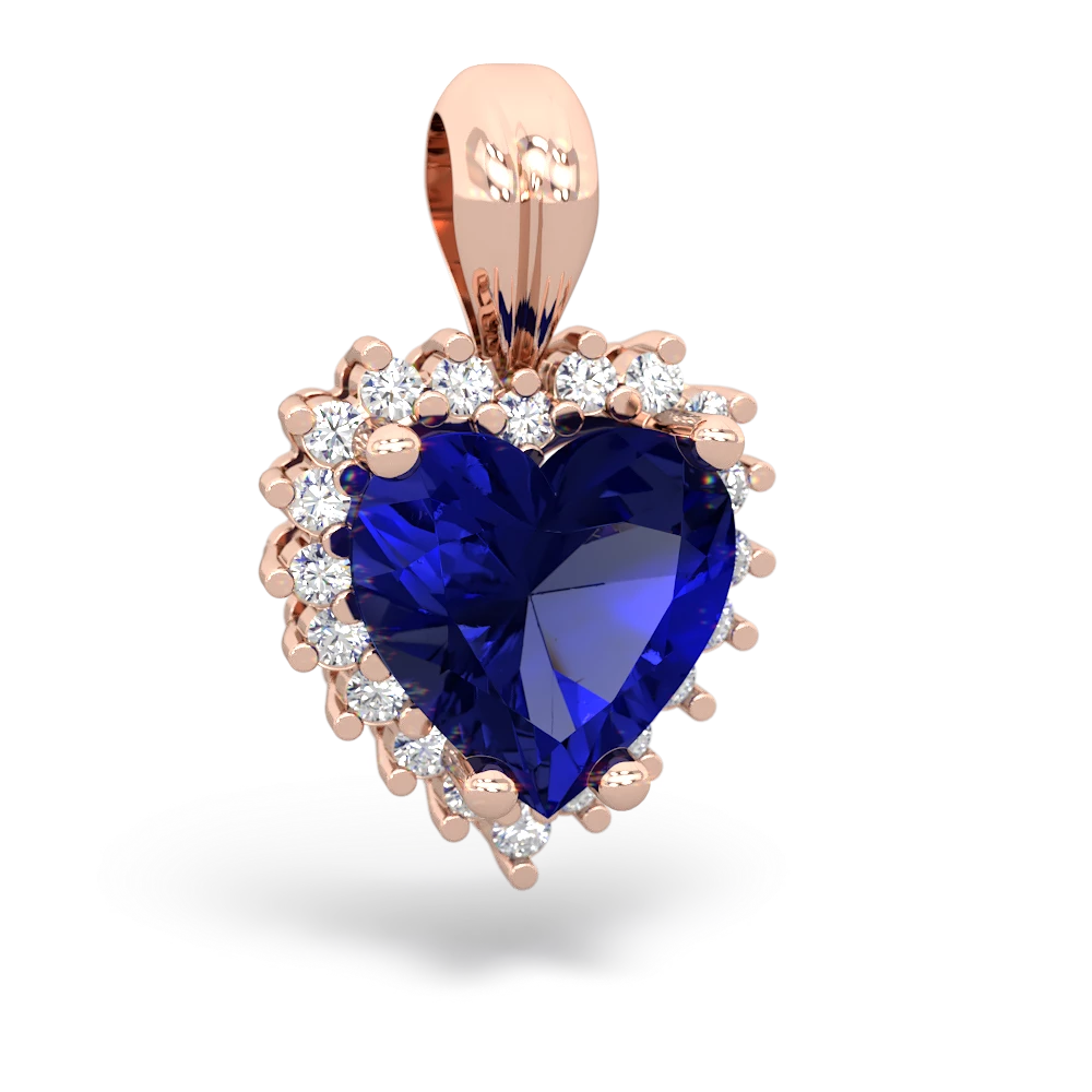 Lab Sapphire Sparkling Halo Heart 14K Rose Gold pendant P0391