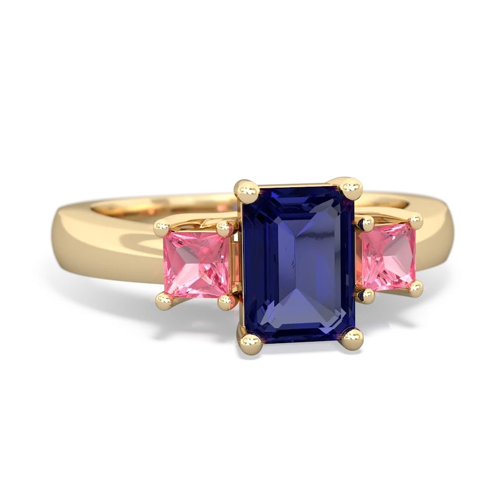 Lab Sapphire Three Stone Emerald-Cut Trellis 14K Yellow Gold ring R4021