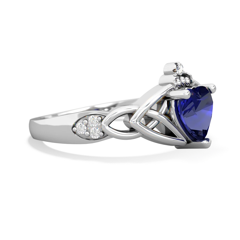 Lab Sapphire Claddagh Celtic Knot Diamond 14K White Gold ring R5001