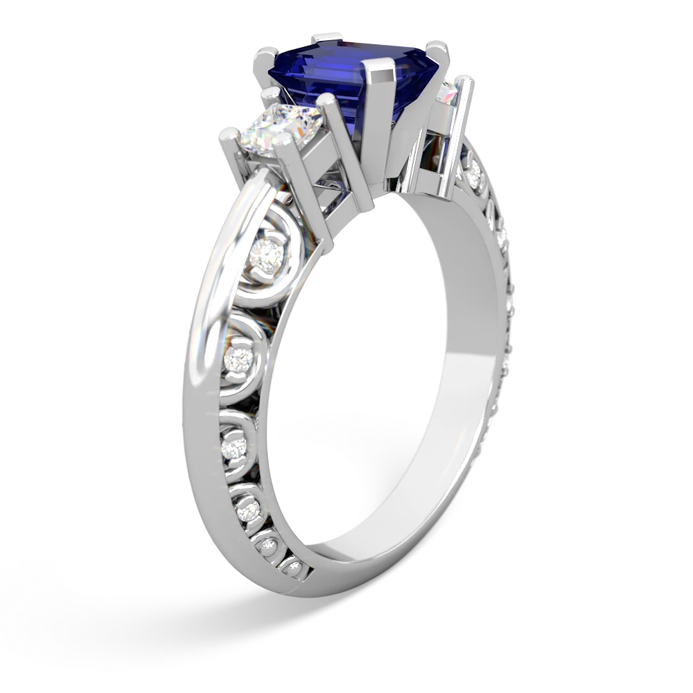 Lab Sapphire Art Deco Diamond 7X5 Emerald-Cut Engagement 14K White Gold ring R20017EM