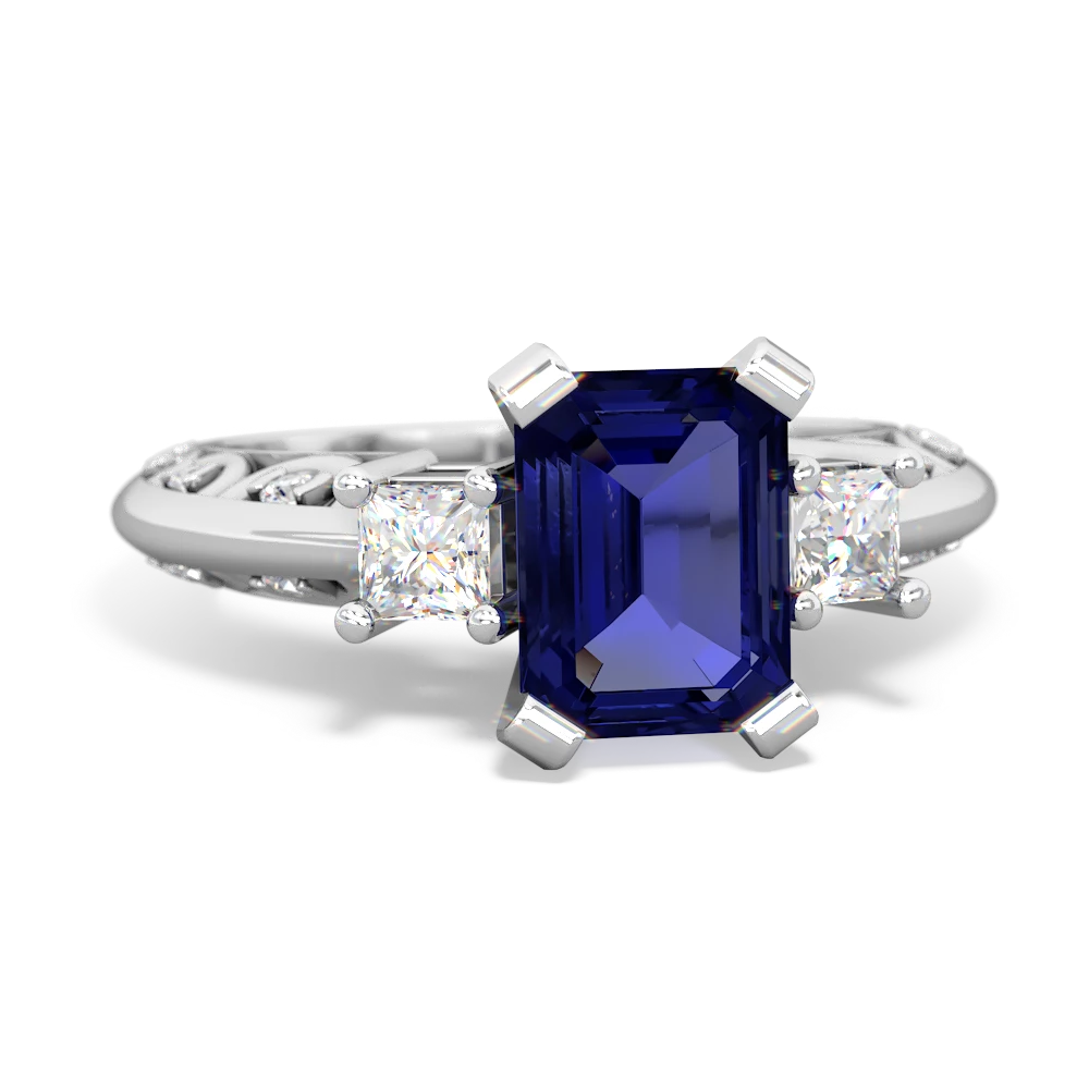 Lab Sapphire Art Deco Diamond 8X6 Emerald-Cut Engagement 14K White Gold ring R20018EM