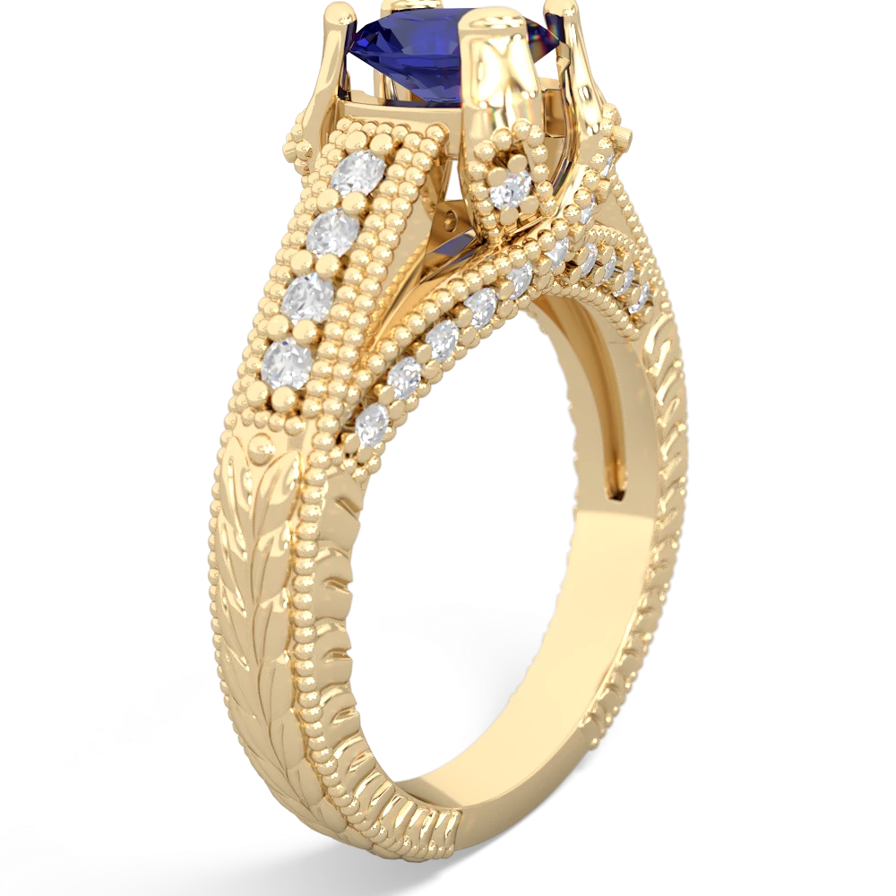 Lab Sapphire Antique Style Milgrain Diamond 14K Yellow Gold ring R2028