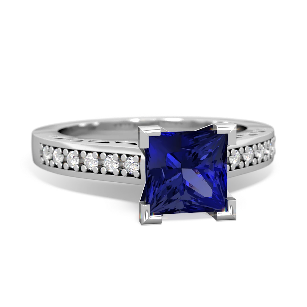 Lab Sapphire Art Deco Engagement 6Mm Princess 14K White Gold ring R26356SQ