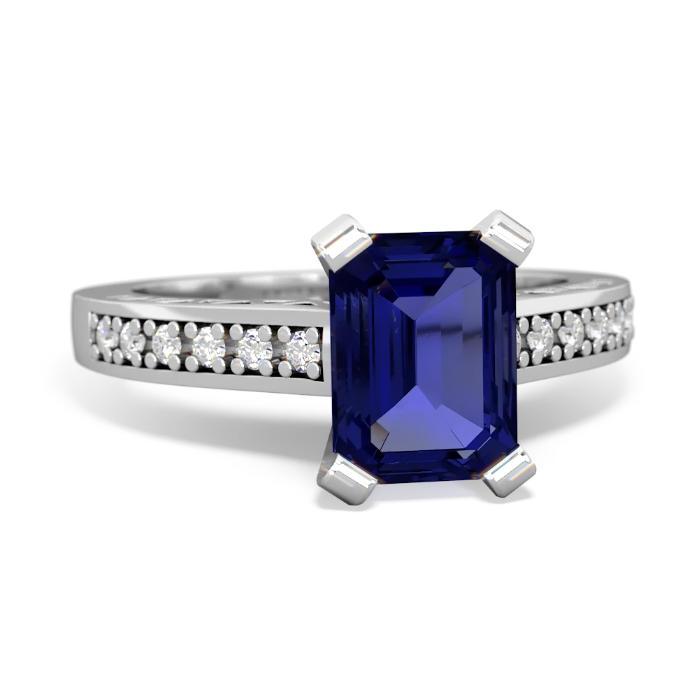 Lab Sapphire Art Deco Engagement 8X6mm Emerald-Cut 14K White Gold ring R26358EM