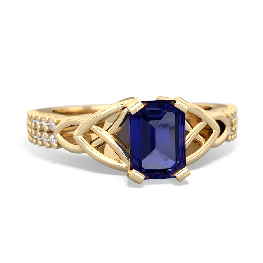 Lab Sapphire Celtic Knot 7X5 Emerald-Cut Engagement 14K Yellow Gold ring R26447EM